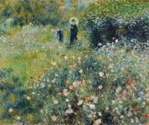 Mujer con sombrilla en un jardín de Renoir