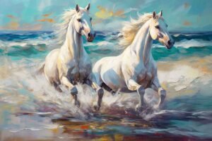 "Caballos blancos corriendo por la playa" de Copiamuseo